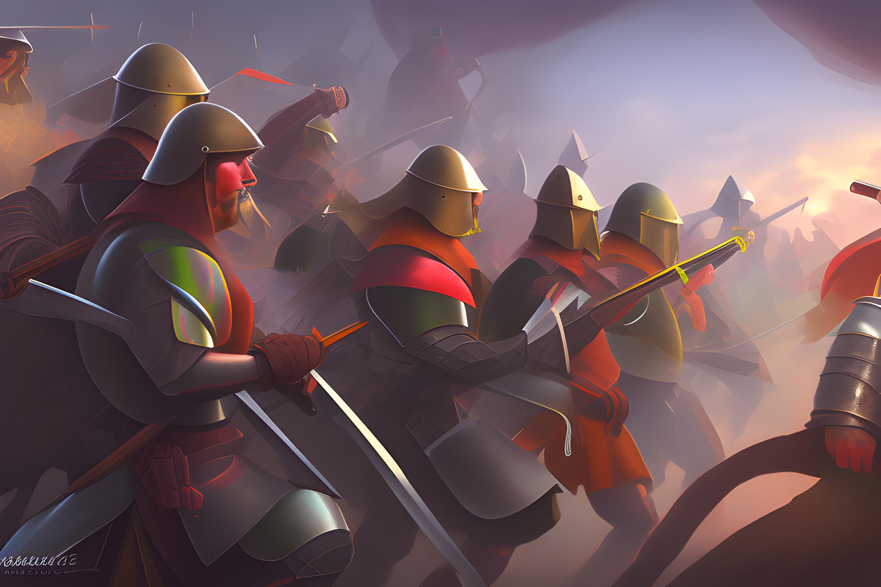 Ranas vs patos en una batalla épica. Con armaduras y armas medievales.